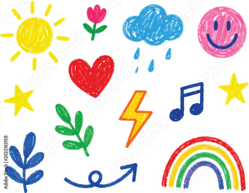 Set of hand drawn crayon doodles, including sun, heart, lightning bolt, rain cloud, smiley face, leaves, flower, star, and rainbow educational art.