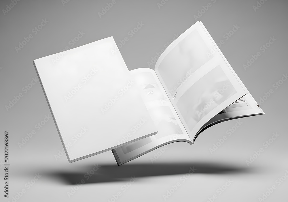 Fototapeta premium Open blank magazine or brochure booklet floating in the air for design mockup presentation. magazine mockup psd