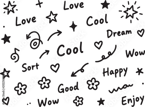 Hand-Drawn Positive Word Doodles With Hearts, Stars, Arrows and Playful Typography.