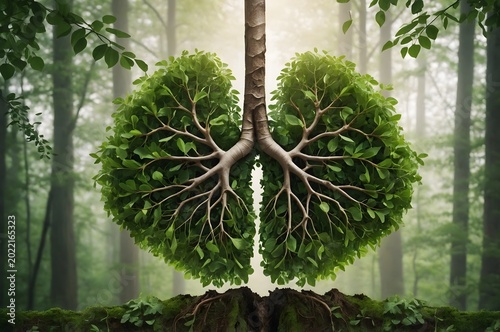 Árbol con forma de pulmones en un bosque húmedo como concepto visual de salud, respiración y medio ambiente