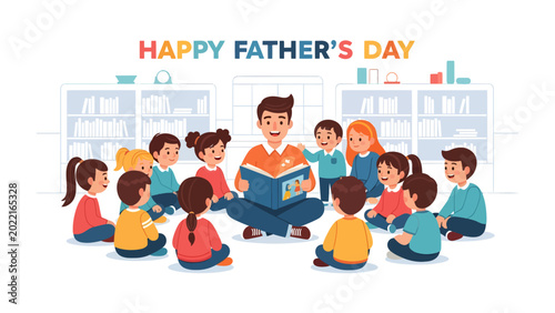Quadro su tela Father's Day Storytime: A kind father sits surrounded by a circle of attentive children, sharing a captivating story on Father's Day, fostering a sense of warmth, love, and togetherness