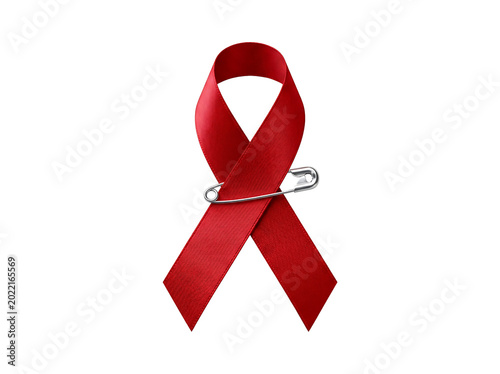 IA generated red awareness ribbon with a silver safety pin isolated on white background. Realistic silk texture representing AIDS support, heart disease awareness and solidarity. 3D render art.