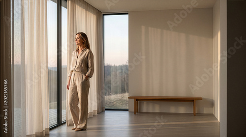 Peaceful woman looking out window at sunset
