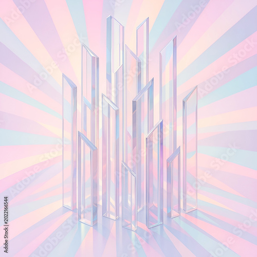 Iridescent Glass Monoliths on Pastel Sunburst Background