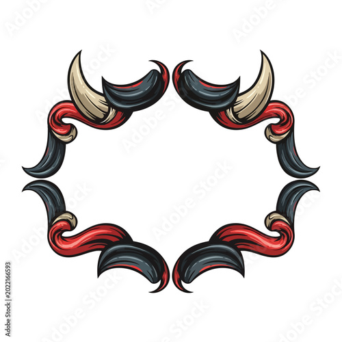 Colorful tattoo design with horns and flames.