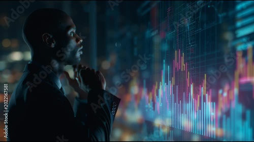 A financial analyst in a luxurious office is examining a holographic stock chart.