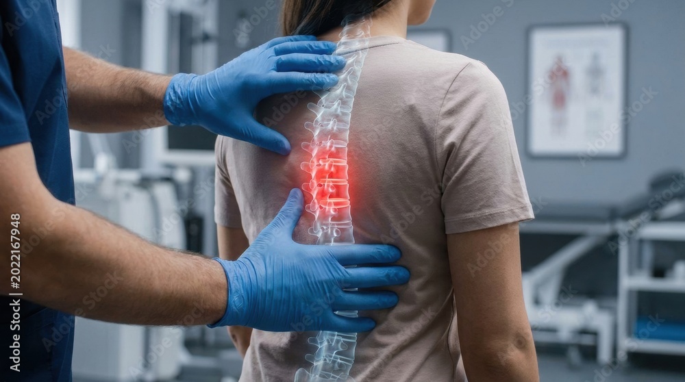 Obraz premium Doctor examining patient's spine with highlighted pain points in a medical clinic