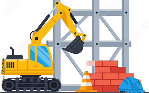 Construction Site Scene with Excavator, Bricks, and Safety Gear.