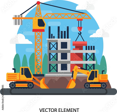 Construction site with crane and excavators building a structure.