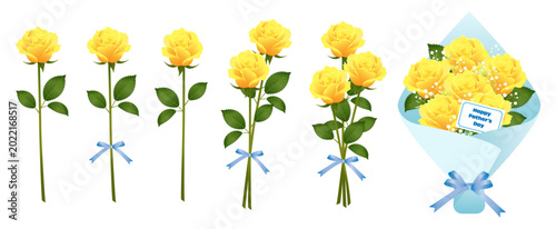 黄色の薔薇の花のイラスト素材セット ベクター 花束 父の日 白背景 春