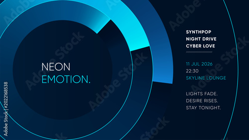 Obraz na płótnie Cyan blue circle abstract synthpop music poster template with neon rings on dark