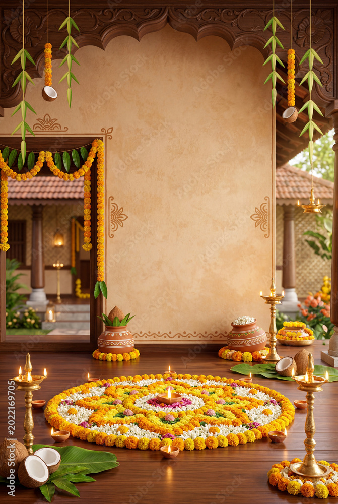 Fototapeta premium Traditional Celebration Setup for a Festival With Floral Decorations and Lamps in a Courtyard