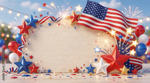 Celebration Scene With Red, White, and Blue Decorations for a Festive Event O...