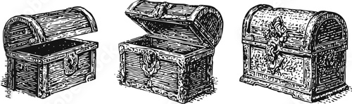 Vintage treasure chests set hand drawn antique wooden strongboxes with metal locks and hinges, detailed engraving sketch collection