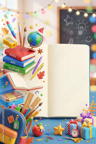 Colorful School Supplies on a Desk With Books and an Empty Notebook During a ...