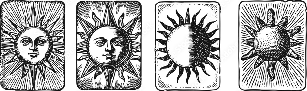 Obraz premium vintage sun illustrations with rays, faces, and celestial designs in engraving