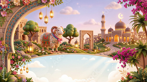 Sheep Stands in a Colorful Garden Near a Town With a Mosque and Crescent Moon...