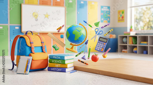 A Classroom Shows a Backpack Next to Books on Subjects Like Math and Science