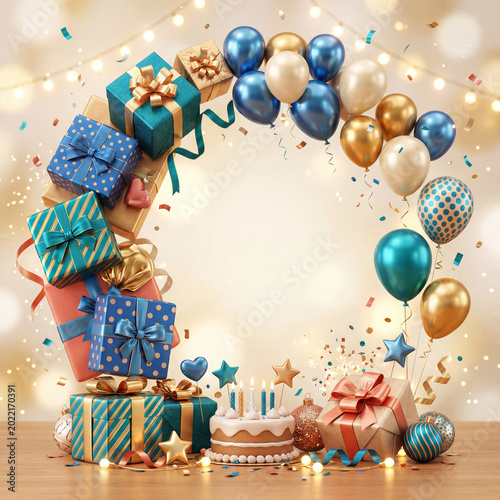 Celebrate With Gifts, Balloons, and a Cake in a Festive Setting for a Special...