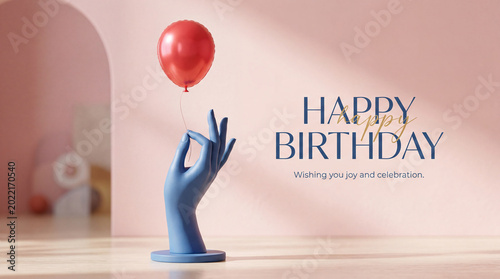 Birthday Celebration With Blue Hand Holding Red Balloon Indoors in Bright Env...