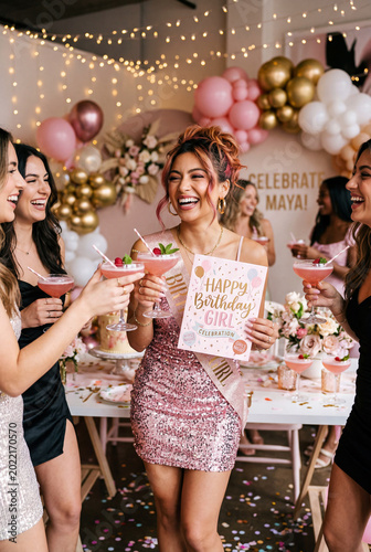 Celebration in a Bright Room With Five Friends Toasting at a Birthday Party i...