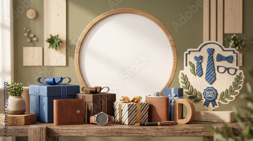 Gifts for Dad on a Wooden Table With Decorations and Custom Items