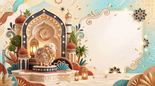 Colorful Decoration With Sheep Statue and Lanterns at Festive Location for Ce...