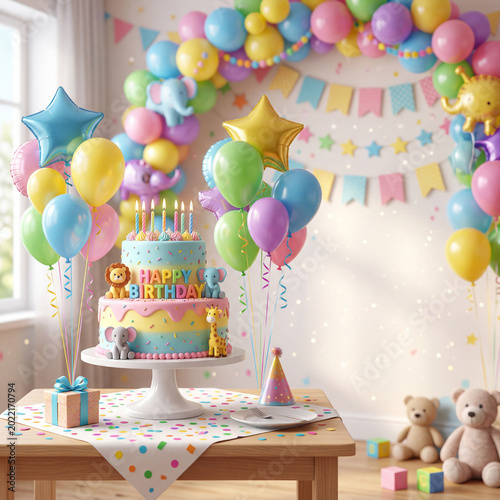 Colorful Birthday Party Setup With Cake and Decorations for a One-Year-Old Ce...