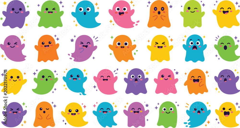 Fototapeta premium Cute Colorful Halloween Ghost Sticker Vector Set with Friendly Spooky Characters and Sparkling Stars for Kids Holiday Designs