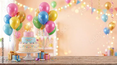 Colorful Birthday Party Scene With Cake and Balloons on a Table
