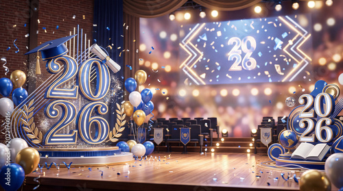 Graduation Stage Setup in a Hall for Class of 2026 Event With Caps and Diplom...