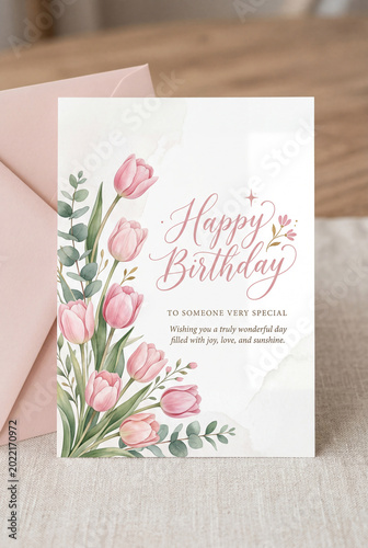 Birthday Card With Flowers and an Envelope on a Table