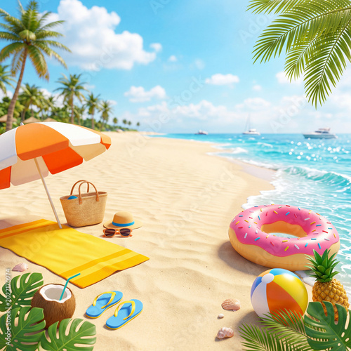 Beach Setting With Umbrella, Towels, and Toys Near Calm Water in Bright Sunlight