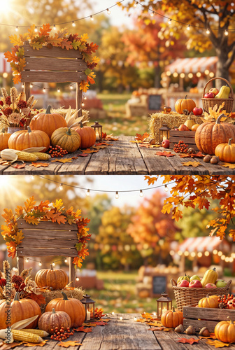 Fall Harvest Display at a Market With Pumpkins and Autumn Decorations in Dayl...