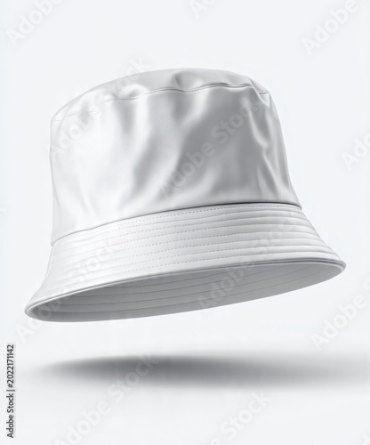 Floating white bucket hat on a minimalistic light background