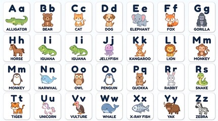 Children's educational flashcard with colorful alphabet cards featuring animals from A to Z on a clean white background