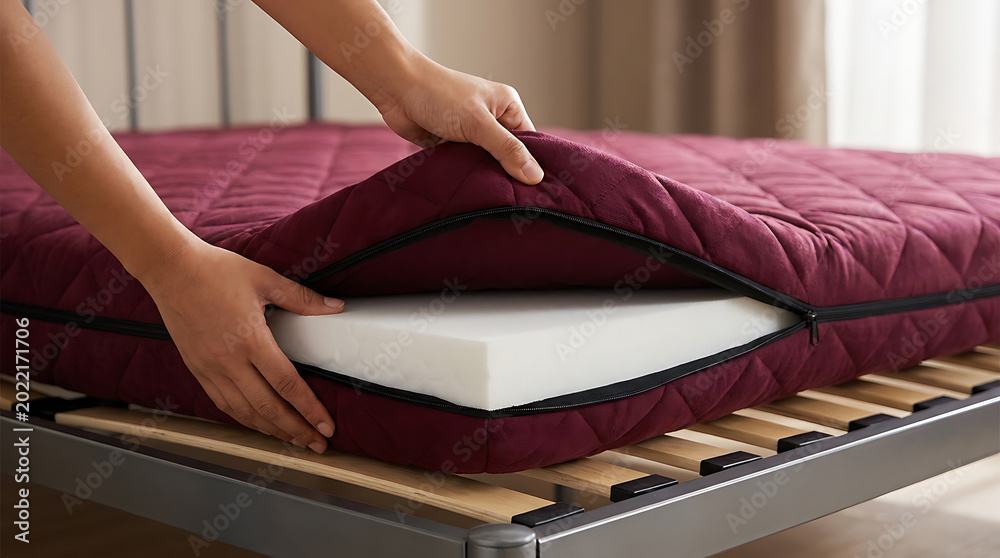 Fototapeta premium Person unzipping a burgundy quilted mattress cover to reveal the white foam core on a wooden slatted bed frame