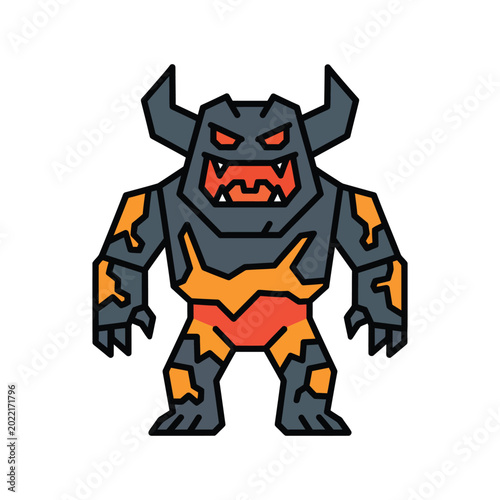 Fotografie Vector illustration of a fantasy rock monster with glowing lava, minimalist flat design character icon