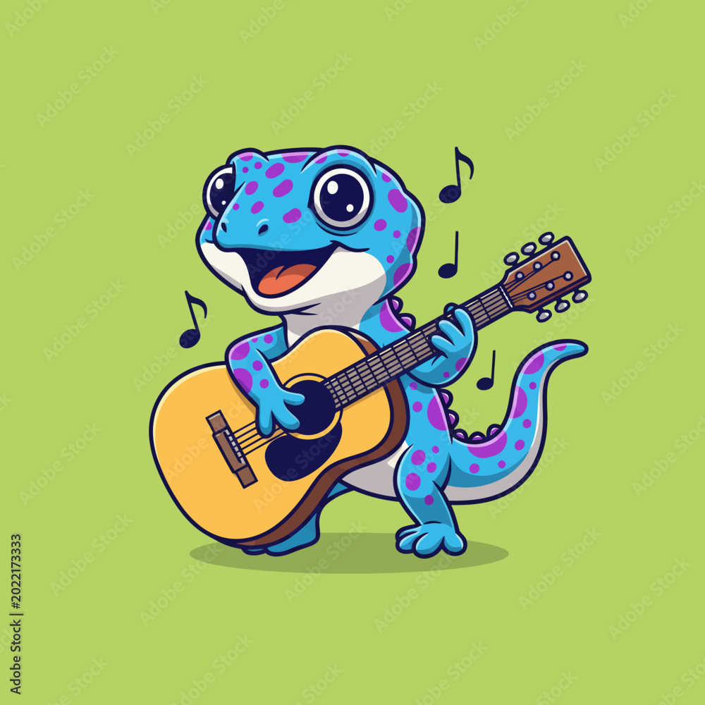 Obraz premium Cute blue gecko playing acoustic guitar with musical notes.