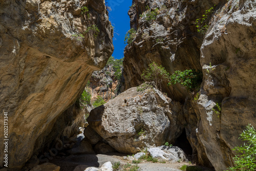 Scenic view of rocky Sarakina Gorge trail on Crete island in Greece