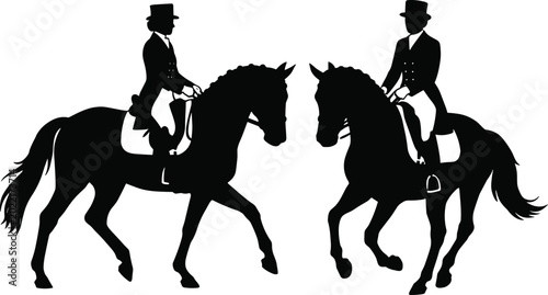 Фотография Black silhouette of two dressage equestrian riders on horseback facing each othe