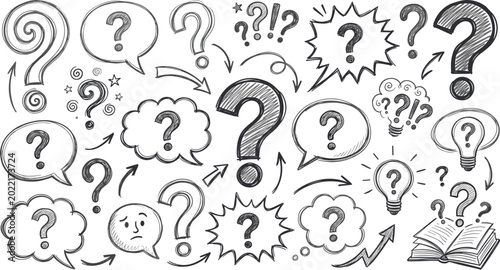 Tableau sur toile Hand drawn sketch question mark doodle collection with speech bubbles and arrows