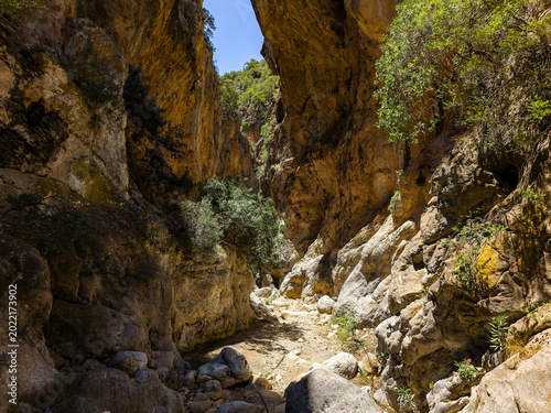 Hiking trail winding through steep rock walls of Sarakina Gorge in Crete, Greece
