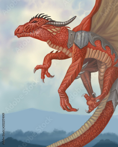 Photography Fierce Red Armored Dragon Flying in Fantasy Sky Digital Illustration