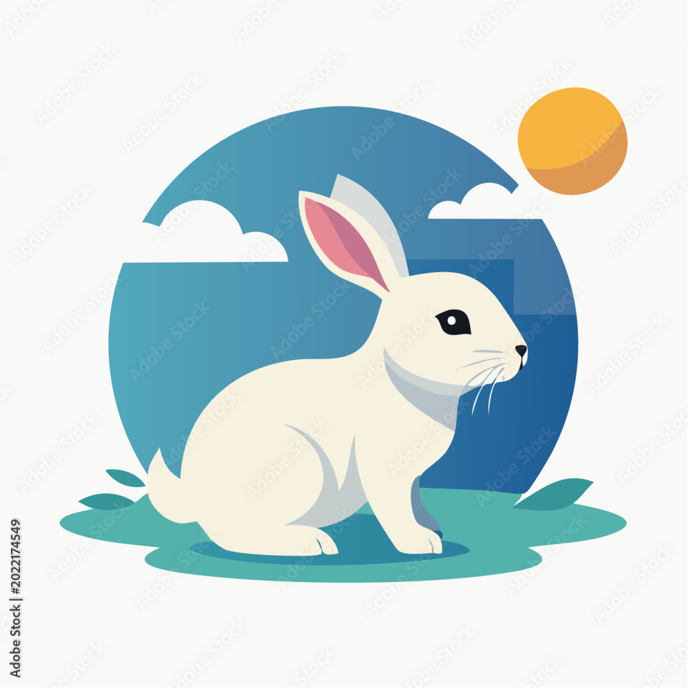 Obraz premium Stylized White Rabbit in a Blue Circular Landscape with Sun