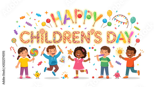 Bilde på lerret Joyful Children's Day: A vibrant celebration with joyful children, filled with treats and colorful decorations, embracing the spirit of happiness and innocence