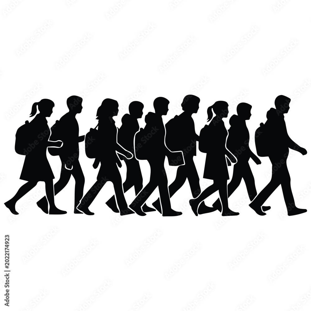Obraz premium Silhouette group of students walking with backpacks vector illustration carrying school bags.