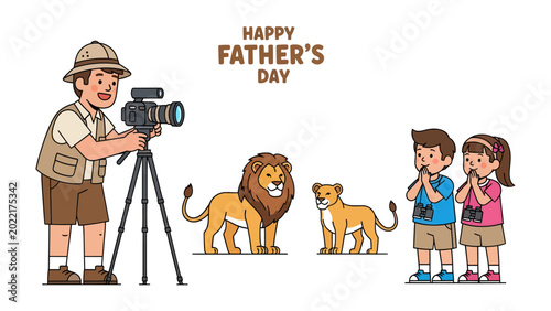 Schilderij op canvas Father's Day Zoo Adventure: A father and his children enjoy a delightful Father's Day outing at the zoo, capturing the majestic lions and creating cherished memories