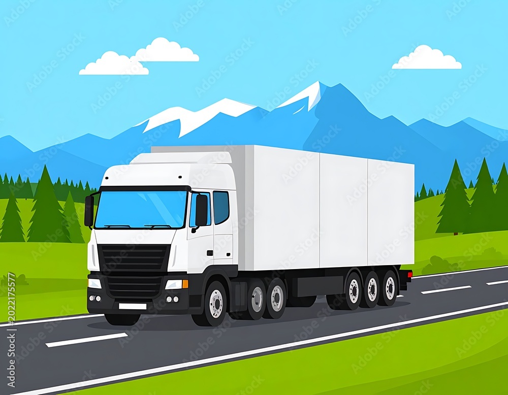 Obraz premium A large white truck driving on a road with mountains