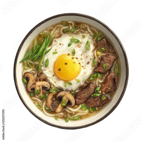 Steaming bowl of ramen with egg and meat